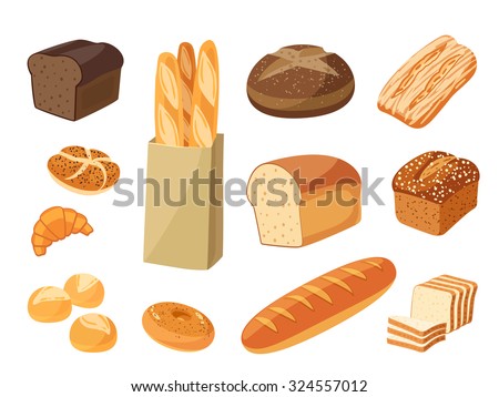 Set of cartoon food: ciabatta, whole grain bread, bagel, french baguette, croissant and so. Vector illustration, isolated on white, eps 10. Royalty-Free Stock Photo #324557012