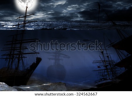 underwater world with old ship