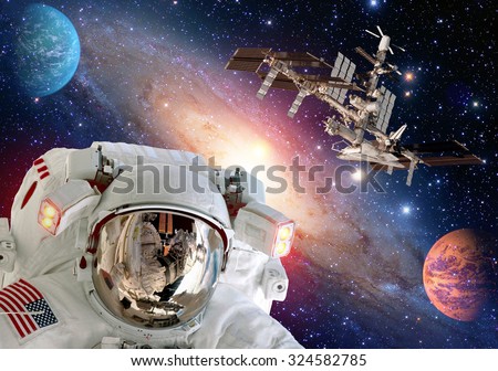 Astronaut spaceman helmet planet outer space shuttle station spaceship. Elements of this image furnished by NASA.