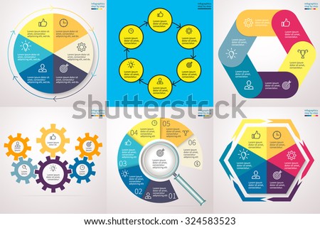 Infographics step by step. Set 4. Charts, graphs, diagrams with 6 steps, options, parts, processes, directions. Vector business templates for presentation and training.