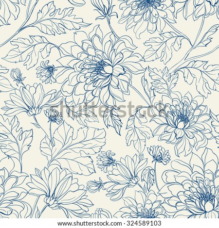Seamless floral pattern with chrysanthemums. Blue lines on white background. Vector illustration. Royalty-Free Stock Photo #324589103
