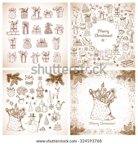 Set of doodle sketch Christmas cards and Christmas elements on vintage background. Vector illustration.
