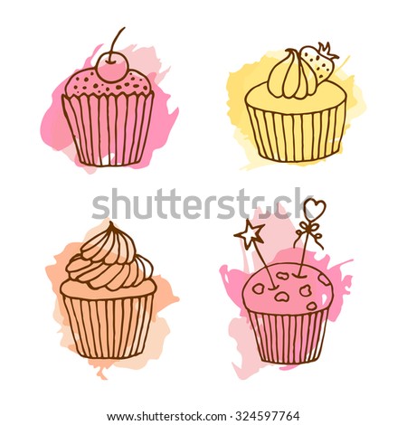 Vector cupcake illustration. Set of 4 hand drawn cupcakes with colorful splashes. Cakes with cream and berries. 