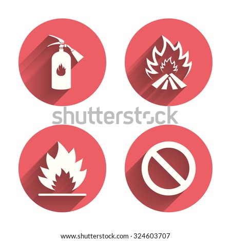 Fire flame icons. Fire extinguisher sign. Prohibition stop symbol. Pink circles flat buttons with shadow. Vector