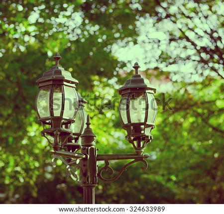 vintage style picture with old street lamp in the park at autumn
