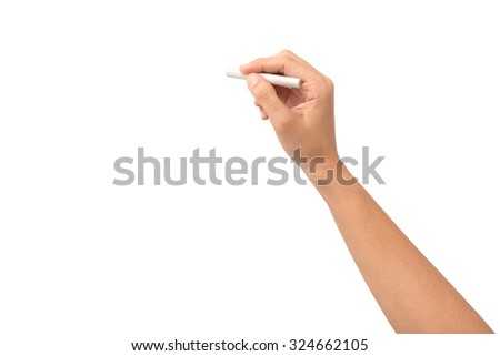 Hand holding white chalk and starting to write isolated on white background Royalty-Free Stock Photo #324662105