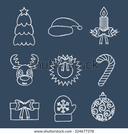 Christmas line icons, written in chalk. Vector illustration