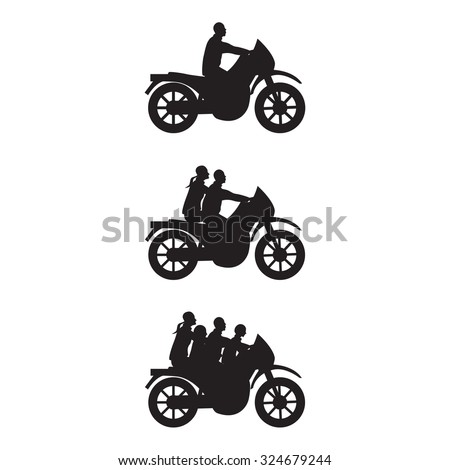 Black silhouettes of man, couple and family on a motorbike.