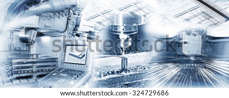 Production with CNC machine, drilling and welding and construction drawing in industrial operation. Royalty-Free Stock Photo #324729686