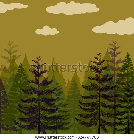 Pine forest and green sky illustration