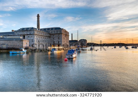 Sunset at the Royal William Yard docks in Plymouth on the Devon coast