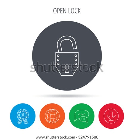 Open lock icon. Padlock or protection sign. Password symbol. Globe, download and speech bubble buttons. Winner award symbol. Vector