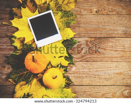 Autumn background with colorful leaves and pumpkins on rustic wooden board. Creating fall season memories with retro photo cards of photo frames. Thanksgiving and Halloween holidays concept. Copyspace
