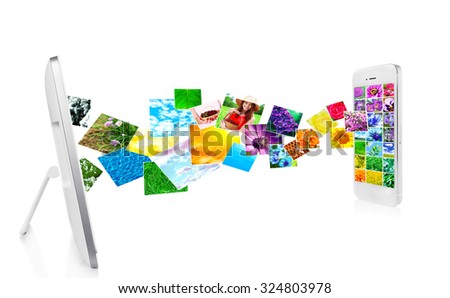 Tablet-pc and smartphone with streaming images, isolated on white