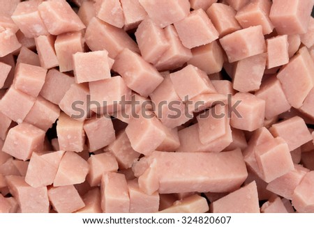 A close view of cooked and diced chunks of ham.