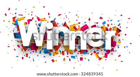 Winner sign with colour confetti. Vector paper illustration. Royalty-Free Stock Photo #324839345