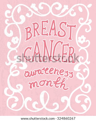 Pink ribbon with hand drawn typography poster. Ornate calligraphy of breast cancer with lettering "Fight like a girl" on textured background. Vector illustration for your design, banner, poster