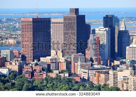 Boston, Massachusetts in the United States. Downtown skyscrapers aerial view.