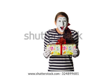 Girl model with mime make-up on a white background. box with a gift