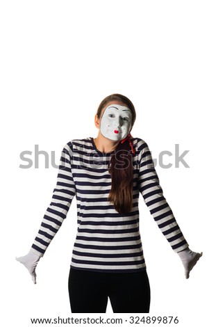 Girl model with mime make-up on a white background. surprise.