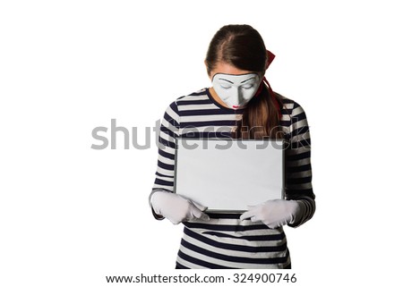 Girl model with mime make-up on a white background with a sign for advertising