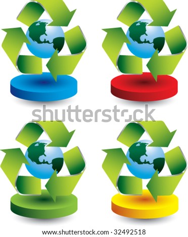 recycle symbol around earth on colored discs