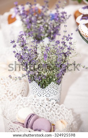Still life with bouquet of lavender in a vase. Home decoration.