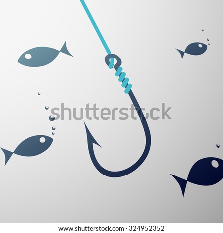 Fishhook and fish under water. Stock vector image.