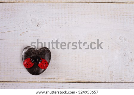 Two ladybirds on heart shape stone . Love, romance, happy valentine's day concept.