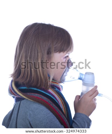 Girl nebulizer treatment isolated white left
