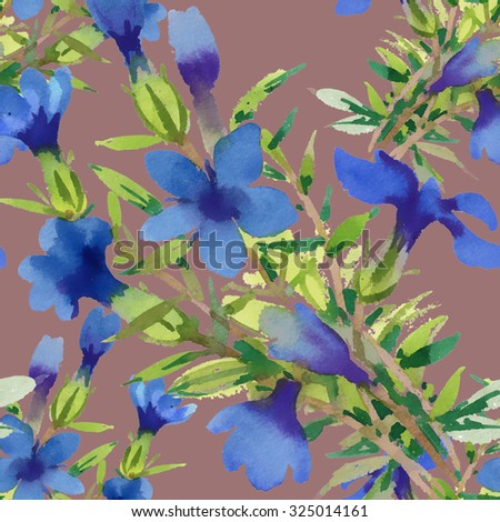 Beautiful watercolor seamless pattern with blue flowers on brown background