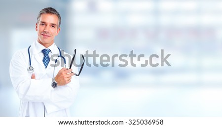 Friendly Family doctor man over hospital banner background.