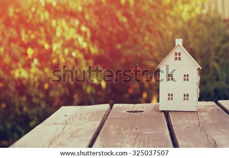 small house model over wooden table outdoors at garden