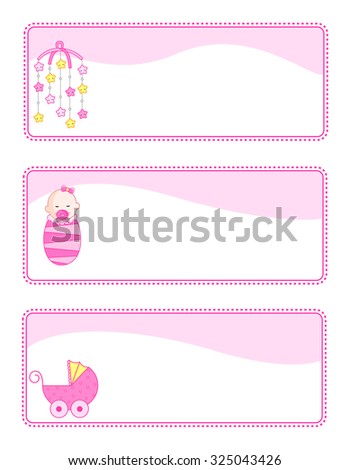 Cute baby girl tags with baby related icons. pink color set for baby girls