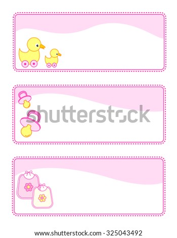 Cute baby girl gift tags with baby related icons. pink color set for baby girls