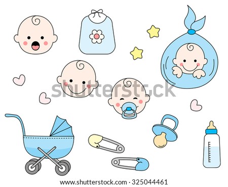 Cute baby boy icon collection including baby face, bib, carriage, safety pins, pacifier, feeding bottle isolated on white background.