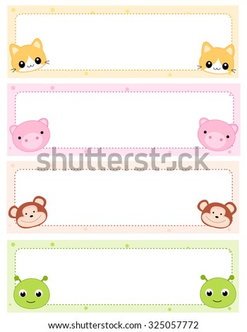 Colorful kids name tags with cute animal faces on corners