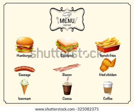 Different kind of fastfood on menu