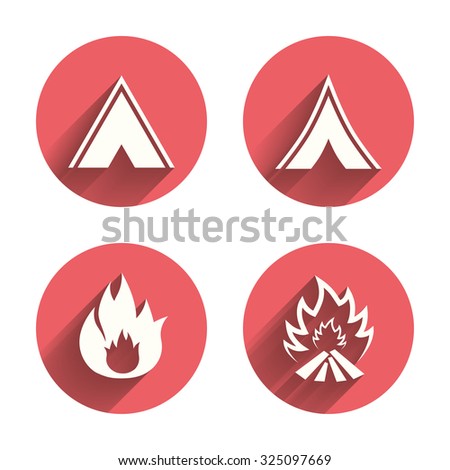 Tourist camping tent icons. Fire flame sign symbols. Pink circles flat buttons with shadow. Vector
