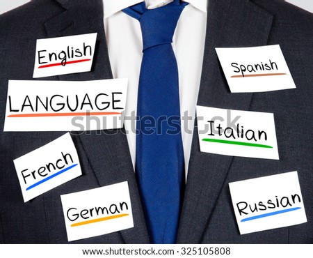 Photo of business suit and tie with LANGUAGE concept paper cards