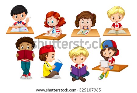 Children reading and writing illustration