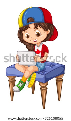 Little girl using tablet on a chair illustration