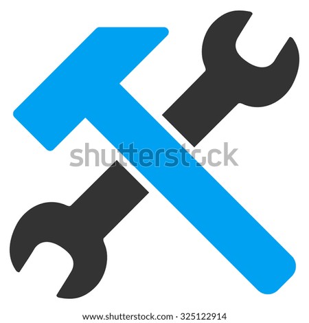 Hammer And Wrench illustration icon. Style is bicolor flat symbol, blue and gray colors, rounded angles, white background.