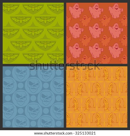 Set of Halloween vector seamless patterns. Bats with red eyes, skulls,  flying ghost,  scythes of death.  Color. Background, gift wrap. 