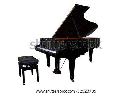 isolated grand piano and regulated black bench with clipping path