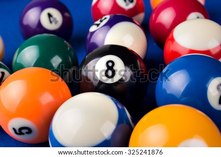 Different points of view billiard balls on a blue pool table. Royalty-Free Stock Photo #325241876