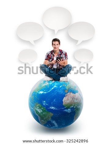 Young man sitting on a planet with a tablet. Elements of this image furnished by NASA