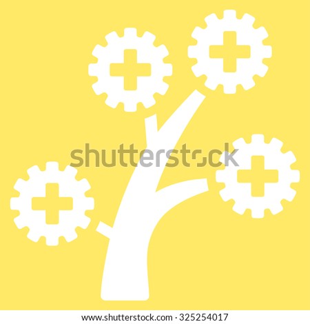 Medical Technology Tree vector icon. Style is flat symbol, white color, rounded angles, yellow background.