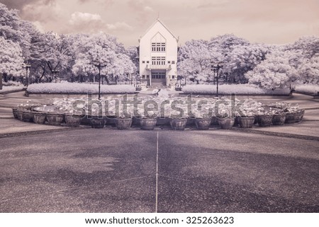 infrared photo Museum building and pond lotus in Public park, bangkok, thailand
