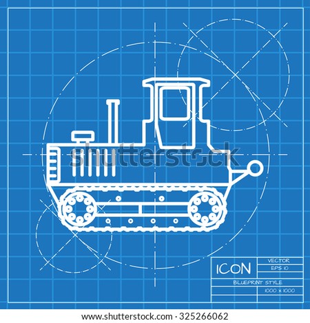 Vector classic blueprint of heavy machine icon on engineer and architect background 